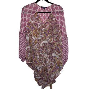 Roaman's  Pink Paisley/Geometric Hi-Low hem Ultra Drape V Neck Swing Tunic 16W